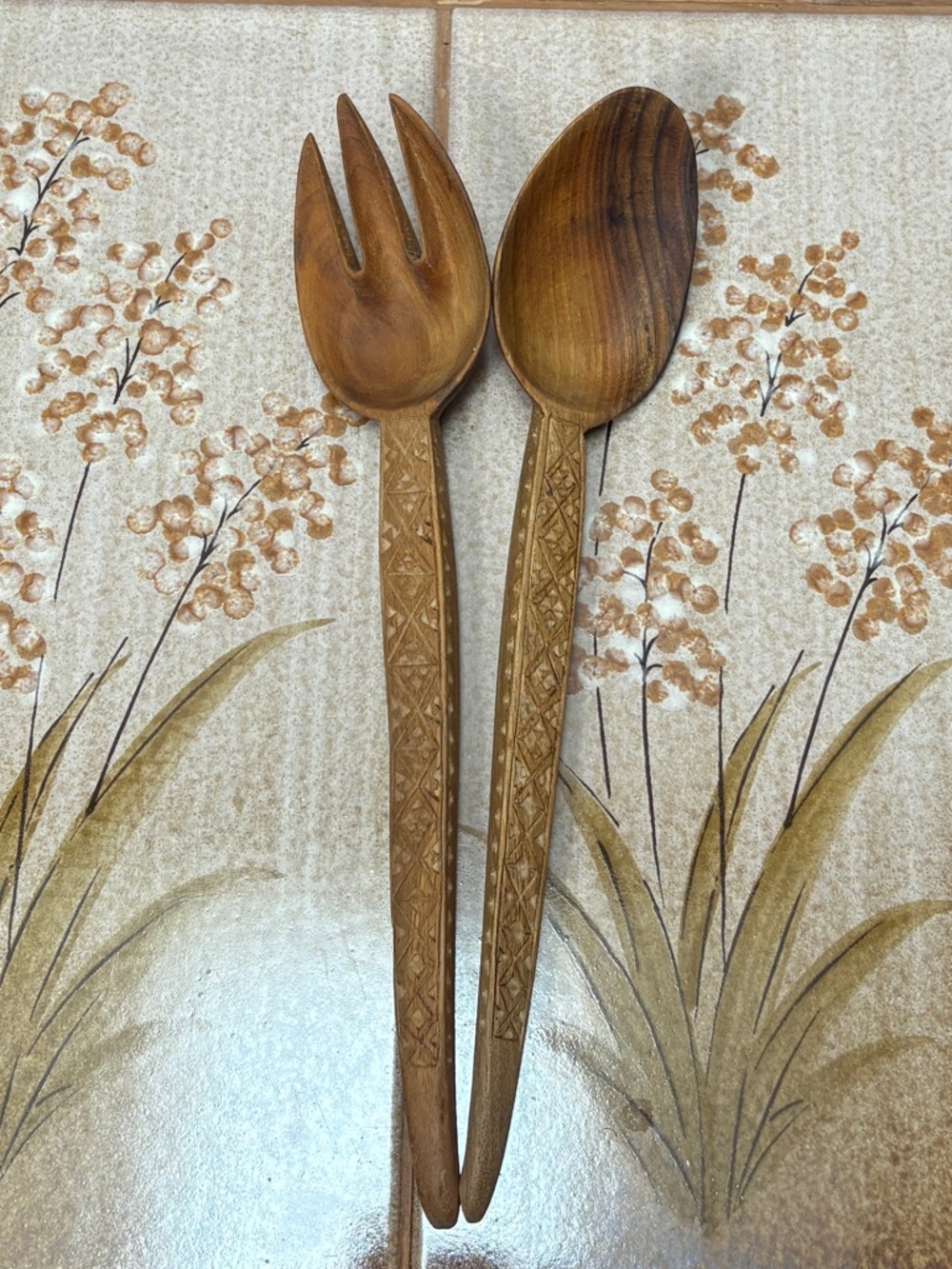 Vintage Hand-Carved Wooden Salad Servers | Boho Tribal